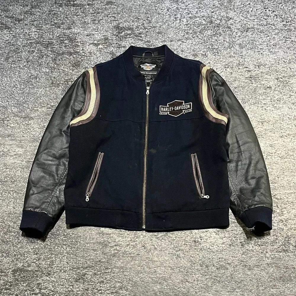VTG Harley Davidson Leather Varsity‎ Bomber Jacket XL Navy Blue Embroidered Logo